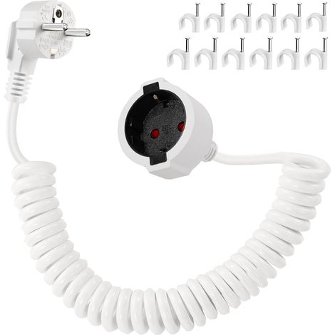 Schuko Verlängerungskabel Spiralkabel, 2m Schutzkontakt Spiralverlängerung 0,6 m auf 2m dehnbares Spiral-Kabel Stecker Verlängerung Kurz mit Kupplung 230V/16 A für Zuhause, Büro, Außenbereich, Weiß (1/5)