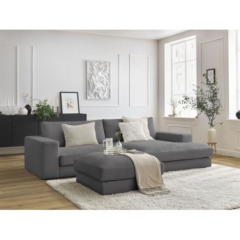 BOBOCHIC - Canapé d'angle fixe LEONARD velours côtelé avec pouf Angle droit Gris foncé (1/5)