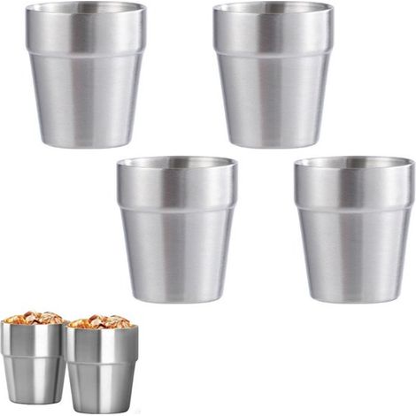 Paquete de 4 vasos de acero inoxidable para camping - Vasos apilables de 175 ml - Vasos resistentes al calor - Plateados - 7,3 × 7,3 × 7,4 cm (1/4)