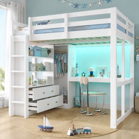 Cama alta con escritorio integrado 205.7x152.4x169.5 cm, con 2 cajones y estantes, luz LED y USB, madera maciza y MDF, blanca (1/5)