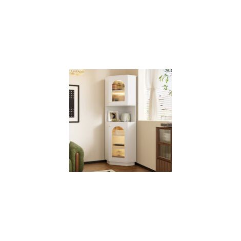 Meuble d'angle avec bande LED, 45 x 45 x 166,5 cm réglables et 2 porte en verre pour salon cuisine et salle de bain Blanc (1/5)
