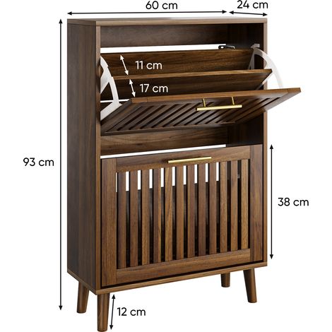 Armoire à chaussures en noyer, largeur 60 cm, meuble autoportant de style médiéval-moderne, deux tiroirs rabattables, idéal pour couloir et entrée, 1 unité
