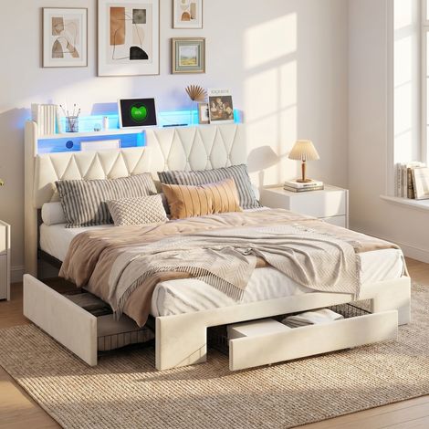 Lit avec tiroirs 160x200 cm,sommier à lattes,rangement tête de lit,chargement usb et led réglable,velours - beige (1/5)