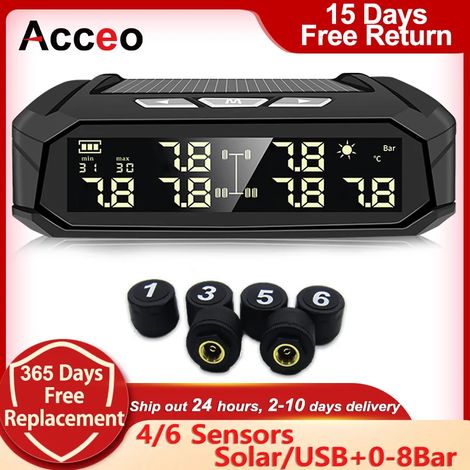 (4 pneus) Système de surveillance de la pression des pneus K11 pour véhicules, alimenté par énergie solaire, avec écran LCD numérique et alarme de sécurité automobile (4/6 capteurs). (1/5)