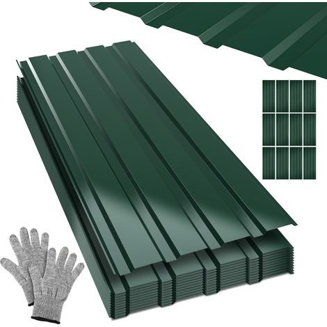 Randaco 36 plaques de toiture profilées 129 x 46 cm, vert, pour abri de jardin, carport et remise, avec gants anti-coupure (1/5)