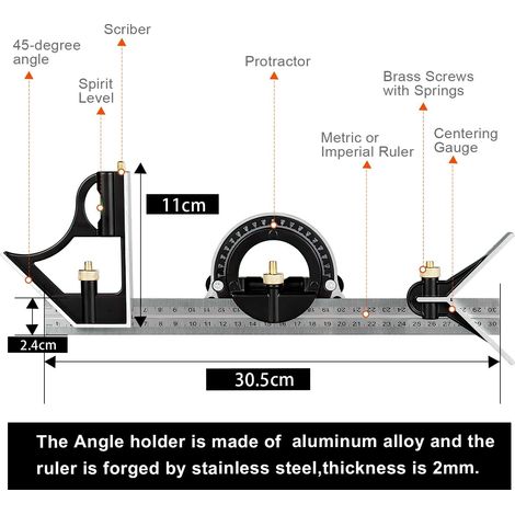 300 mm Équerre Combinée Règle Menuisier Multifonctionnelle Metal Equerre Réglable Angle Charpentier Outil, Lecture claire des repères, même en lumière réduite (1/5)