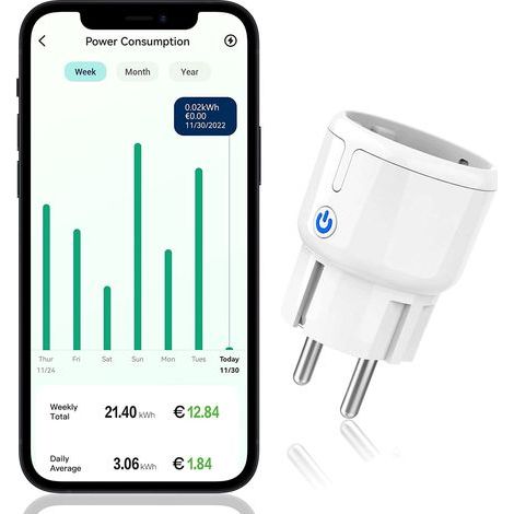 Prise WLAN avec mesure de la puissance, prise WiFi, design mini, consommation d'énergie, mesure et compteur de coût énergétique, contrôle vocal avec Alexa & Google Assistant Minuterie / Programme App (1/5)