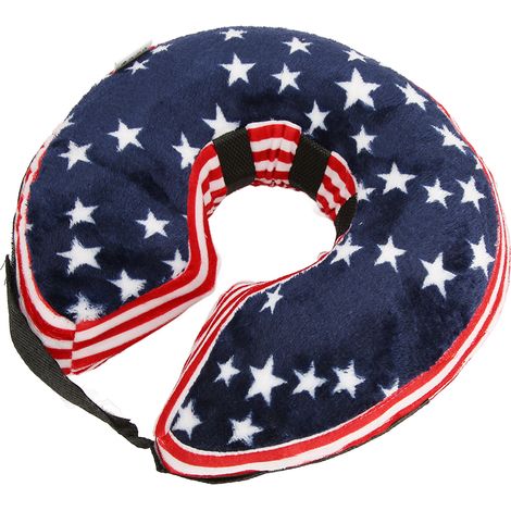 Weicher und bequemer aufblasbarer Schutzkragen für Hunde und Katzen, ideal für die postoperative Genesung. Blaues Design mit amerikanischer Flagge, Größe M. (1/5)