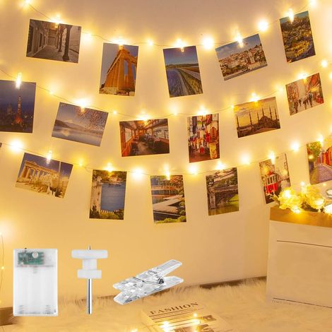 Guirnalda de luces para fotos, 10 m, 100 luces LED con 60 clips para fotos, luces de interior, luces LED a pilas para colgar fotos, decoración de dormitorio, Navidad, fiestas, bodas. (1/5)
