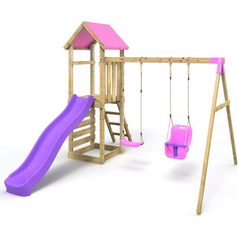 Rebo Adventure Wooden Climbing Frame, Swing Set and Slide - Rainier Pink