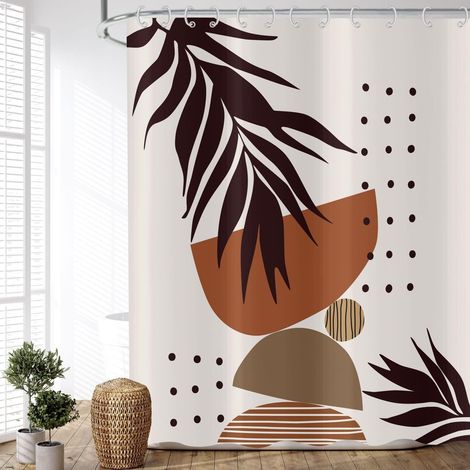 Rideau de Douche Style Boho 180x180, Art Abstrait Moderne Boho Feuilles Marron Ligne Demi- Lavables Rideau Douche imperméable Textile pour Baignoire (1/5)