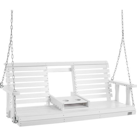 Balançoire de porche en bois, 1523x710x600 mm, banc de terrasse pour cour et jardin, forte capacité de charge 400kg, banc de balançoire robuste avec chaînes de suspension pour extérieur, blanc (1/5)