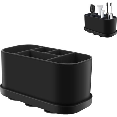 Porte-brosses à dents - Boîte de rangement à 5 compartiments - Orifice de drainage - Organisateur de comptoir de salle de bain avec ventouse - Silicone - Noir (1/5)