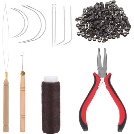 Lot de 200 perles à cheveux en silicone marron, 1 pince à cheveux à trois trous, 1 rouleau de fil à coudre, 8 aiguilles à coudre (1/5)