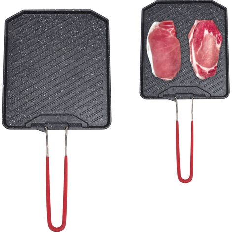 Poêle grill avec poignée rabattable - Alliage aluminium antiadhésif - 19.5x22.5cm noir - idéal camping BBQ cuisine indoor outdoor (1/5)