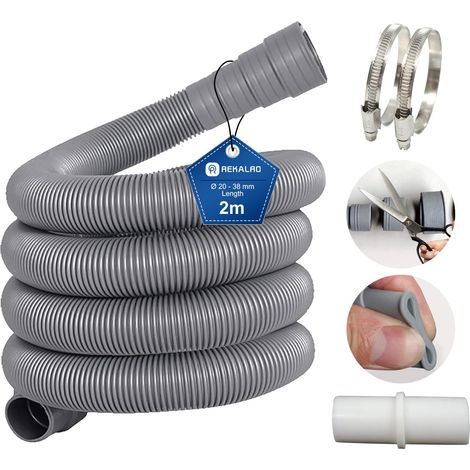 Tuyau lave-linge 2m, tuyau d'évacuation des eaux usées avec raccord de tuyau de vidange et 2 colliers de serrage, rallonge de tuyau de vidange Ø 20mm pour lave-linge lave-vaisselle (1/5)