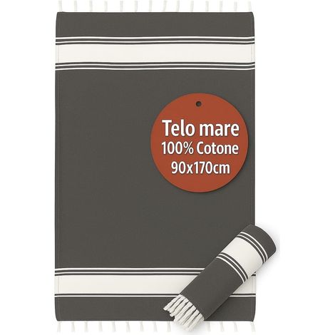 Grande serviette de plage 90 x 170 cm 100 % coton - Serviette de plage avec franges - Anti-sable, légère, absorbante et compacte - Fouta pour hammam, sauna, voyage, piscine, yoga, camping (gris foncé) (1/5)