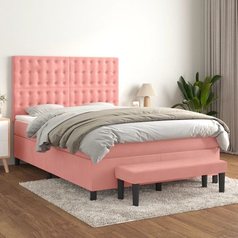 Lit adulte Contemporain Lit à sommier à sommier tapissier avec matelas Rose 140x190 cm Velours 36286