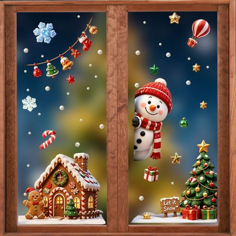 Autocollants statiques pour vitrines, décorations de Noël : Père Noël, bonhomme de neige et renne qui regardent par la fenêtre (lot de 2) - 113+114
