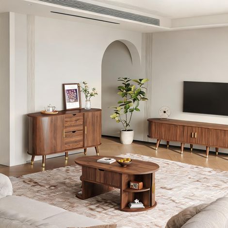 Ensemble meuble TV et table basse 3 pièces finition noyer en MDF (1/5)