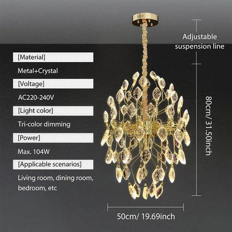 LED Kristall-Pendelleuchte Gold Ø 50 cm, Blatt-Design, 3 Lichtfarben, Höhenverstellbar, Luxus-Designerleuchte