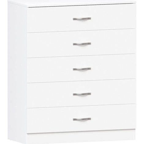 Commode 5 tiroirs blanche – Dimensions H 90 x L 75 x P 36 cm – MDF et panneau de particules – Finition mélamine pour durabilité