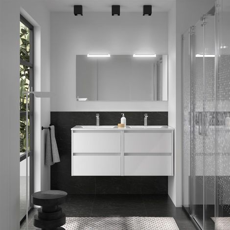 Ensemble meuble de salle de bains NOJA 1200 4 tiroirs BLANC BRILLANT + lavabo + miroir (1/2)