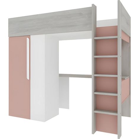 Vente-Unique – Lit mezzanine 90 x 200 cm avec armoire et bureau – Rose et blanc – Panneau de particule mélaminé – Charge max 75 kg
