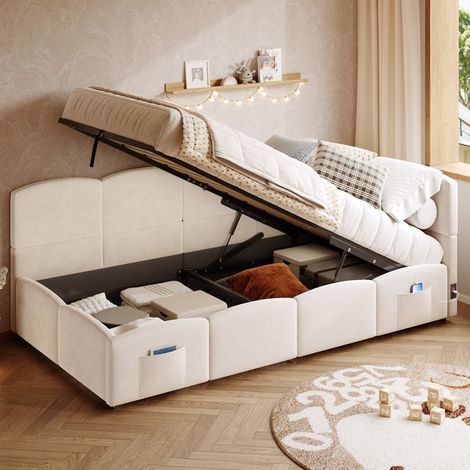 Lit rembourré - Enfant - Canapé-lit 90x190 cm - Velours beige - Sommier à lattes, Rangement hydraulique & USB