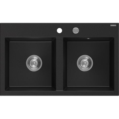 Mexen Hektor évier en granit 2 bacs 800 x 480 mm, noir, siphon chrome - 6521802000-77 (1/5)