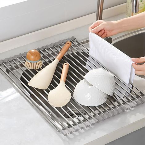 Escurreplatos de acero inoxidable sobre el fregadero, plegable, organizador de cocina para paños de cocina, frutas y verduras (gris (37 x 30 cm))