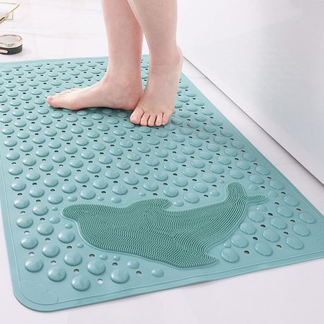 Tapis de douche rectangulaire antidérapant à ventouses, séchage rapide, zone de massage en forme de dauphin, 35 x 70 cm, Vert (1/5)