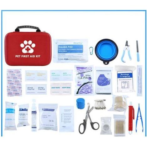Trousse de premiers secours pour animaux de compagnie, 26 articles différents, 101 pièces, sac de rangement d'urgence pour chats et chiens, traitement des plaies (1/4)
