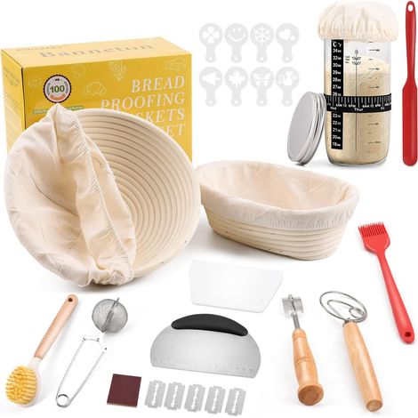 Juego de banneton redondo y ovalado, 12 piezas de accesorios para hacer pan, kit de panadería profesional en ratán natural, kit de pan de masa madre para principiantes y panaderos experimentados. (1/5)