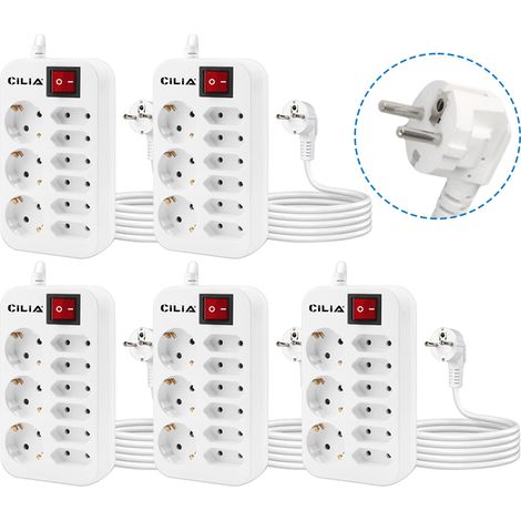 Lot de 5 multiprises 9-en-1 3680W – 3 prises Schuko + 6 prises Euro – Sécurité enfant – Câble 1,5m – Design compact pour espaces réduits – Cilia (1/5)