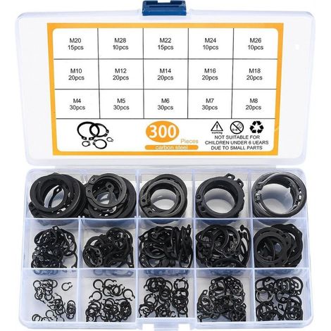 300 Pièces E-clips Kit Anneau de Retenue Externe, Assortiment Circlips Snap, Bagues d'arrêt Circlips, M4-M28 (1/4)