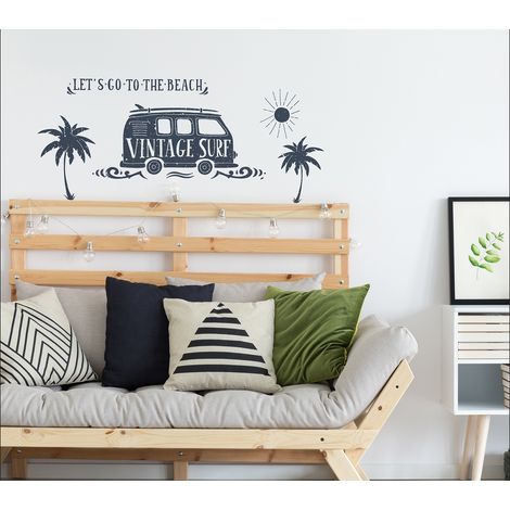 Sticker Autocollant Décoratif Let's Go to the Beach, 68 cm X 48 cm, Van Vintage Bleu, Déco Murale Intérieure, Illustration Rétro. (1/2)