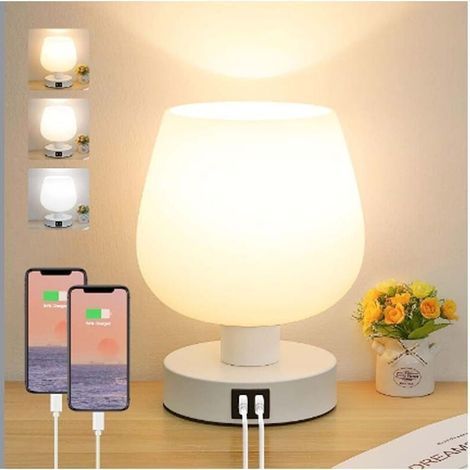 Lampe de Chevet Tactile, Lampe de Bureau avec Ports de Charge USB-A+C, Intensité Variable 3 Voies, Abat-jour en Verre Blanc, Petite Lampe de Table à Cordon pour Chambre Salon D'enfant (1/5)