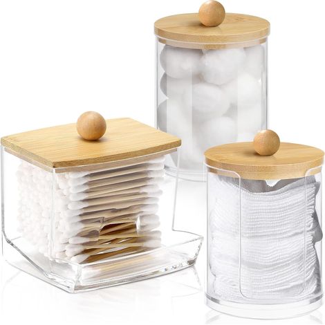 3 Pièces Boite Coton Tige, Rangement Coton Tige avec Couvercle en Bambou (1/5)