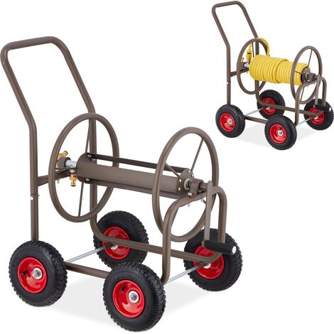 Relaxdays Hose Trolley, Up to 60 Meters, 4 Rubber Wheels, H x W x D: 81 x 53 x 80 cm, Steel, Brown