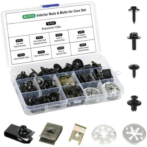 80 Pièces Vis & Clips Voiture Kit,Vis Carrosserie Voiture avec Verrouillage Rondelle Clips,U Clips Carrosserie & Vis de Soubassement,Clips de Fixation Voiture Kit pour Réparer les Pare Boues (1/5)