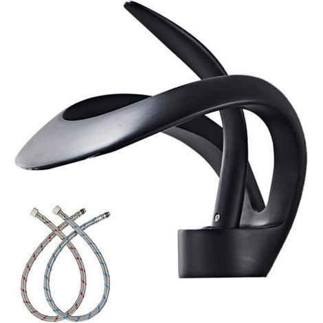 Black waterfall basin tap - brass, single hole, vanity top mount, modern design (1/4)