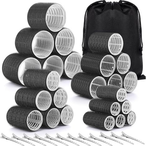37 rizadores de pelo autoadhesivos, 4 tamaños (63 mm, 48 mm, 36 mm y 25 mm), 12 pinzas y 1 bolsa de almacenamiento. Herramienta para rizar el cabello largo, mediano y corto. (1/5)
