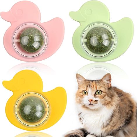 3 Pièces Balle Jouet à l'herbe à Chat, Jouet Boule d'herbe à Chat Rotative à 360°, Self-Adhesive Catnip Edible Balls, Jouet pour Chat pour Que Chats Lèchent, pour Nettoyage des Dents Chat (1/5)