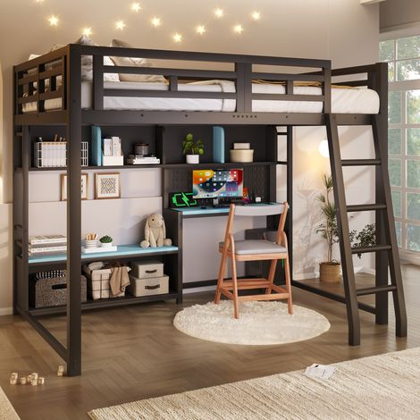 Lit superposé en métal 140x200 avec bureau style gaming, éclairage LED et étagères de rangement, noir et bleu (1/5)