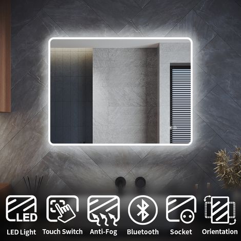 ELEGANT Bathroom LED Mirror 800 x 600 mm Acrylic Framed Bluetooth Bathroom Mirror with Shaver Socket, Demister Pad, Hook, Adjustable Brightness, Horizontal/Vertical (1/5)