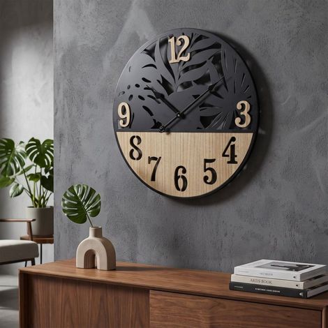 Reloj de pared de 60 cm, modelo Ignace, en negro y madera (1/5)