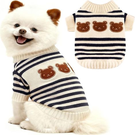 Pull chien motif ours, doublure polaire rayée, vêtement d'hiver chaud (petits chiens, chats)