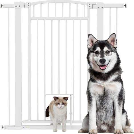 Beyamis Hundegitter, verstellbare Breite 76–102 cm, extra großes Gitter mit Katzentür, weiß