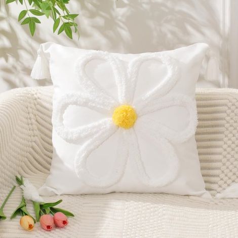 Kissenbezüge für Frühling und Sommer,45 x 45 cm,weiße Kissenbezüge mit Gänseblümchen und Fransen,Wohnaccessoires für Frühling und Sommer (1/4)